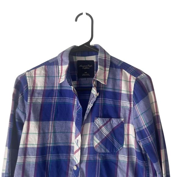 American Eagle Women's Size Small Flannel Blue Button Up Shirt - Picture 2 of 8